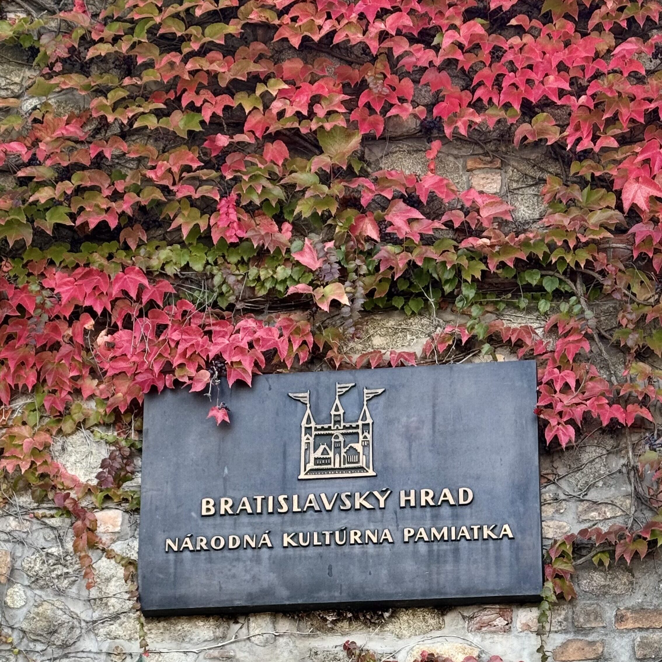 Bratislava Castle entrance framed by fall foliage